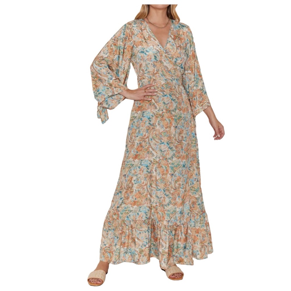 Anthropologie / RAGA Diya Wrap Maxi Dress Paisley Print Ruffle Hem in ‘Yellow’